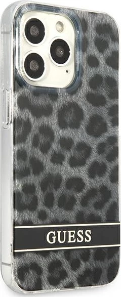 Ovitek z leopard vzorcem za iPhone 13/13 Pro 6,1", trdo ohišje, siva - Guess GUHCP13LHSLEOK