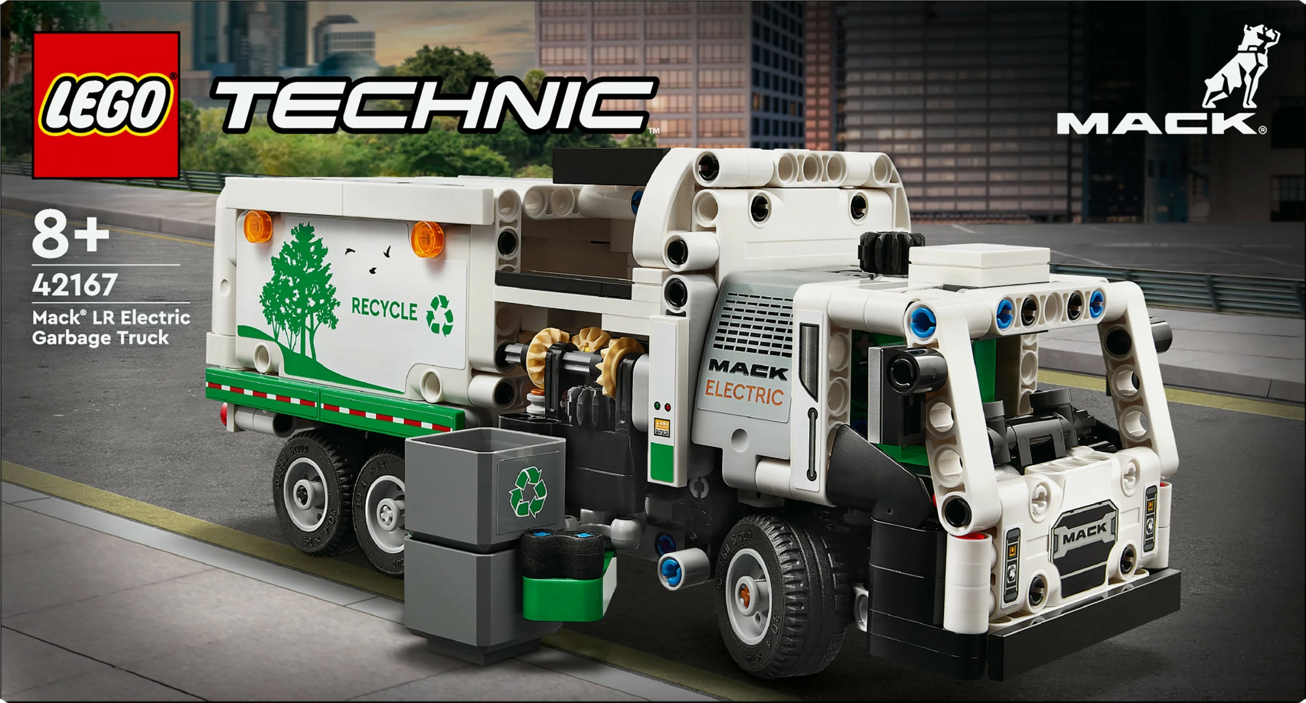 Gradbeni set LEGO Technic električni tovornjak za odvoz smeti Mack LR, 503 kosi, večbarven