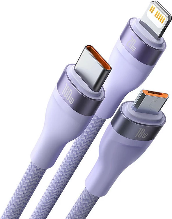 Kabel 3-v-1, 1,5 m, 100 W, USB-C + micro USB + Lightning, vijoličen Baseus Flash Series 2