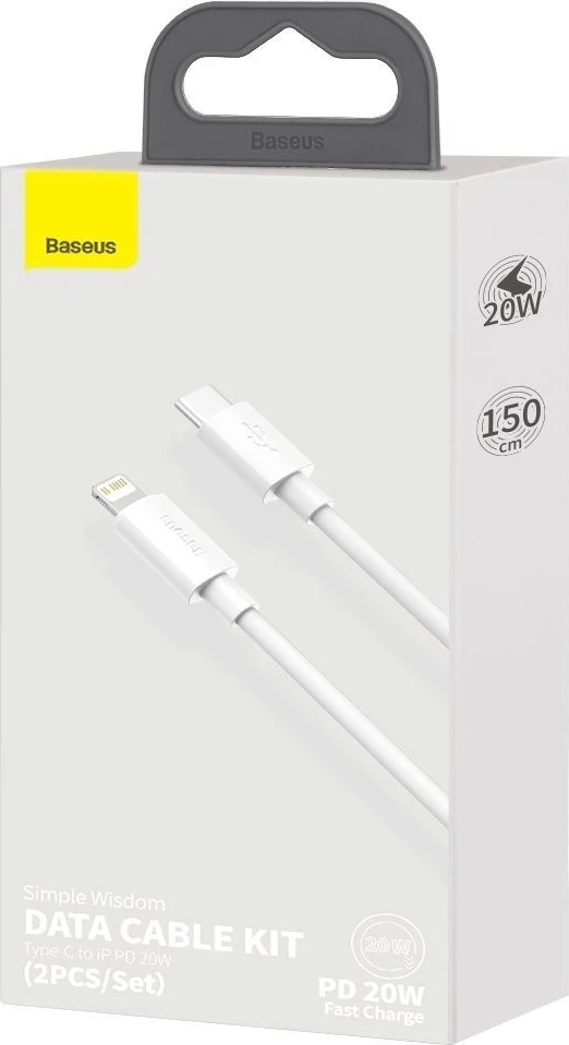 Kabel USB-C na Lightning, PD, 20 W, 1,5 m, bel — Baseus Simple Wisdom, 2 kosa