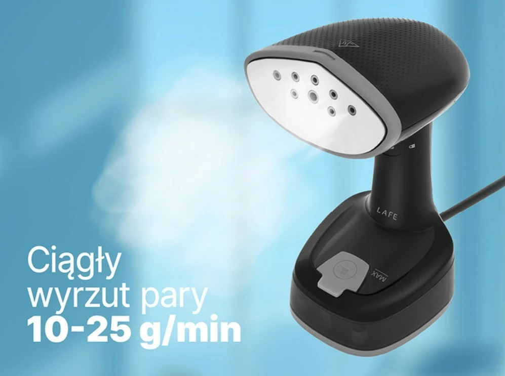 Parni likalnik Lafe EasySteam LAFZEL47580, 1600 W, izhod pare 15–25 g/min, rezervoar 140 ml, zložljiv ročaj, črn