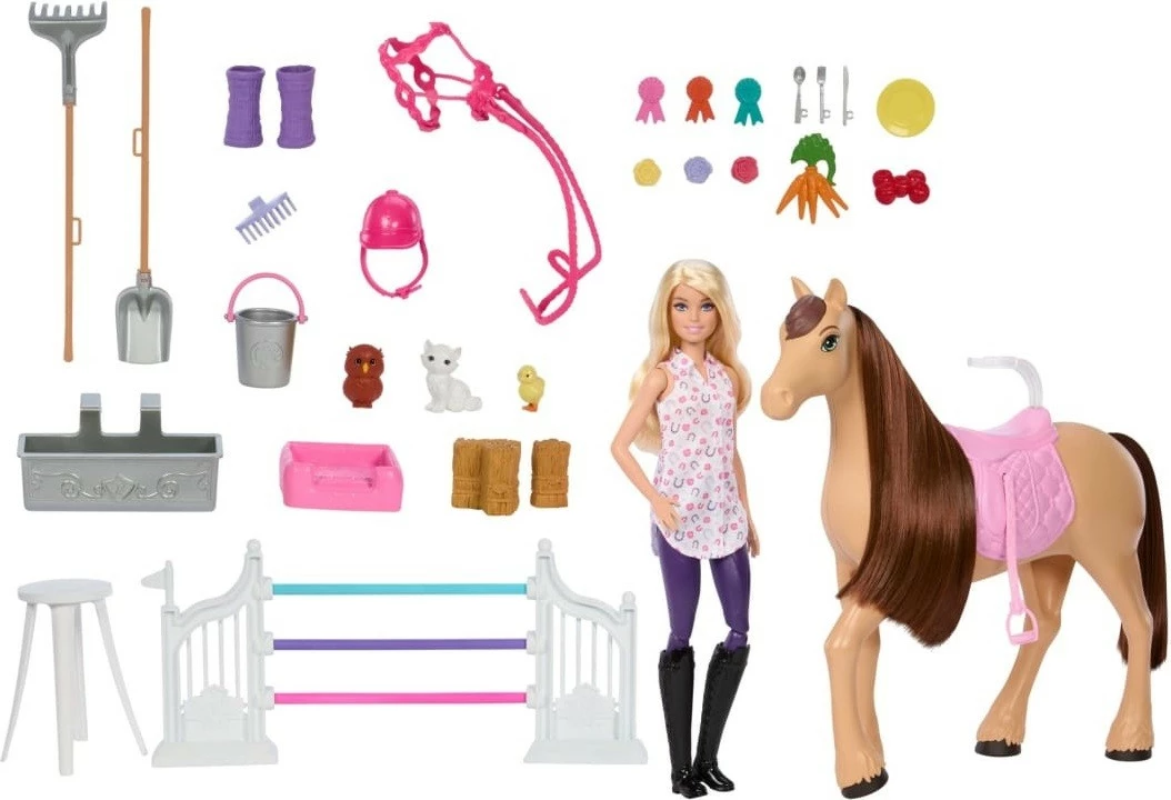 Set za konje in hlev Barbie Mattel HXJ44, z konjem in 25 dodatki, za deklice