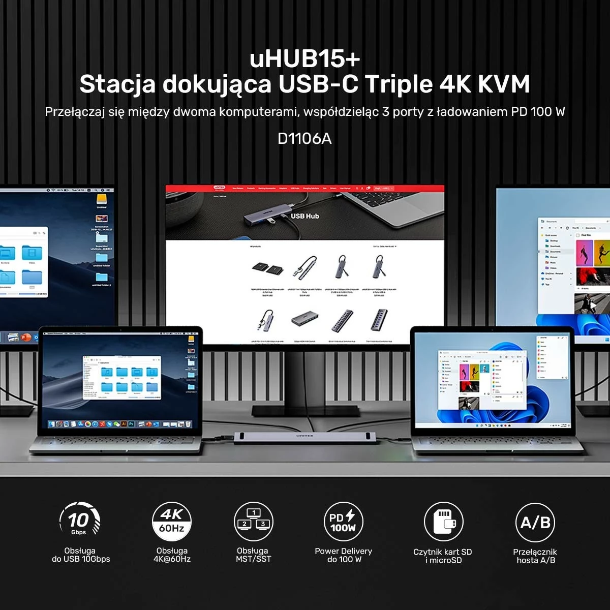 KVM stikalo Unitek, 2x HDMI 4K, 1x DisplayPort, USB-C, PD 100W, sivo