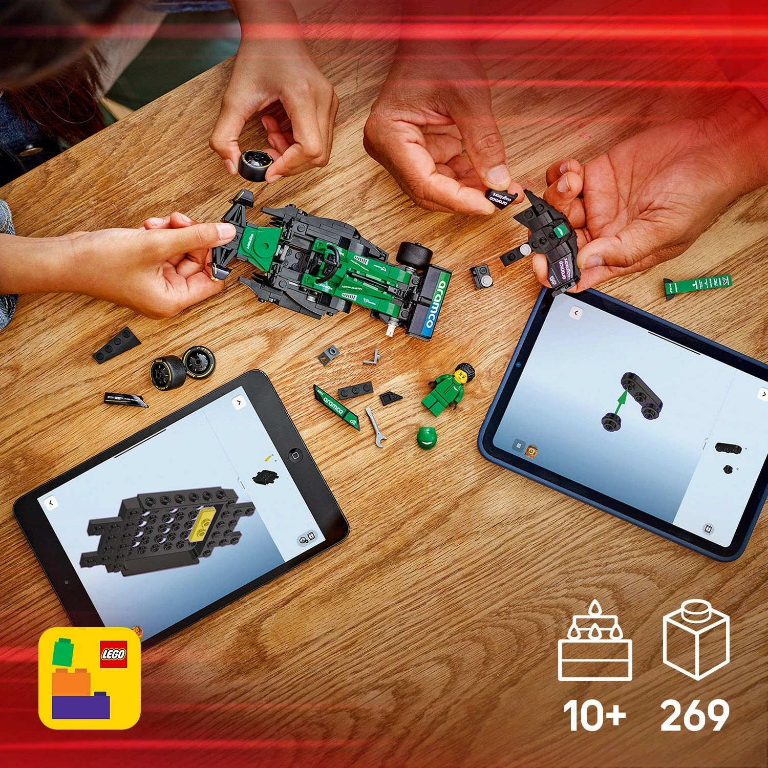 Model dirkalnega avtomobila Aston Martin Aramco F1 AMR24, komplet LEGO, 269 kosov, večbarven