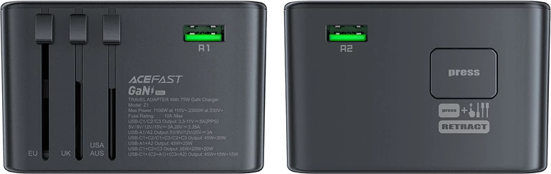 Potovalni polnilec Acefast Z1 GaN, 75 W, 3x USB-C, 2x USB-A, črn