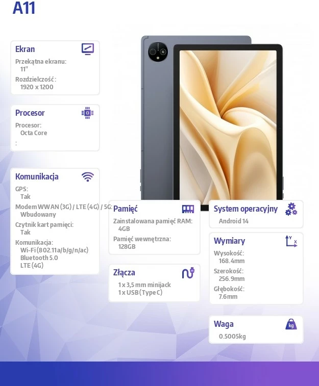Tablica 11", 4GB RAM, 256GB, 4G LTE, Space Grey Ulefone Tab A11
