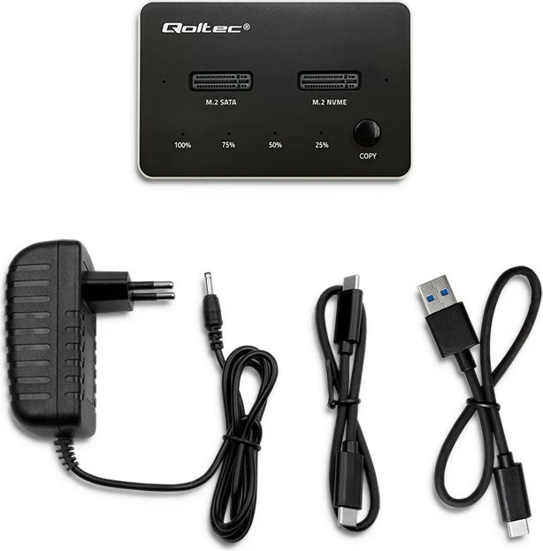 Postaja za dokiranje SSD M.2, NVMe/SATA, USB-C, 2x2TB, črna, Qoltec 52274