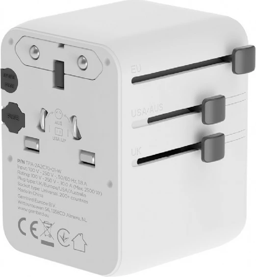 Univerzalni potovalni adapter, Gembird TPA-2A3C70-01-W, 70 W GaN, USB-C PD + USB-A QC, univerzalna AC vtičnica, bela
