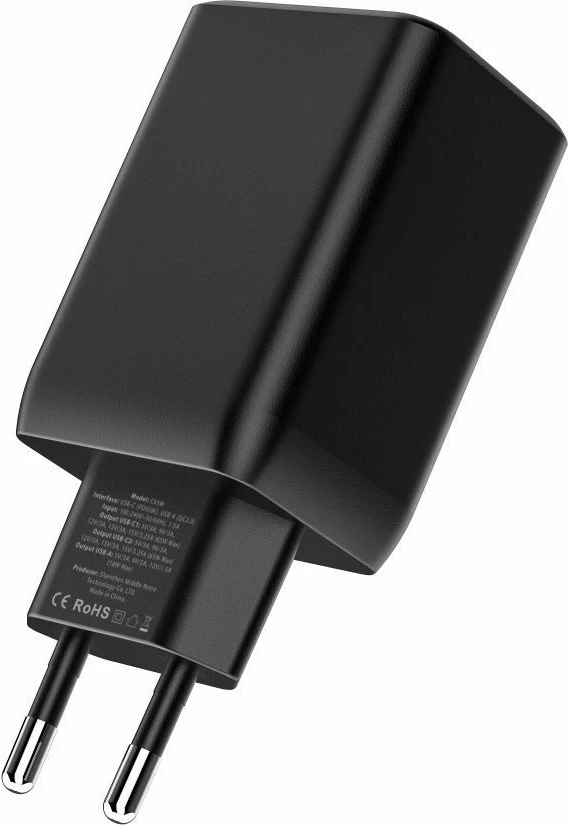 Omrežni polnilec 2x USB-C PD 65W / USB-A QC 3.0, Tech-Protect C65W, bel