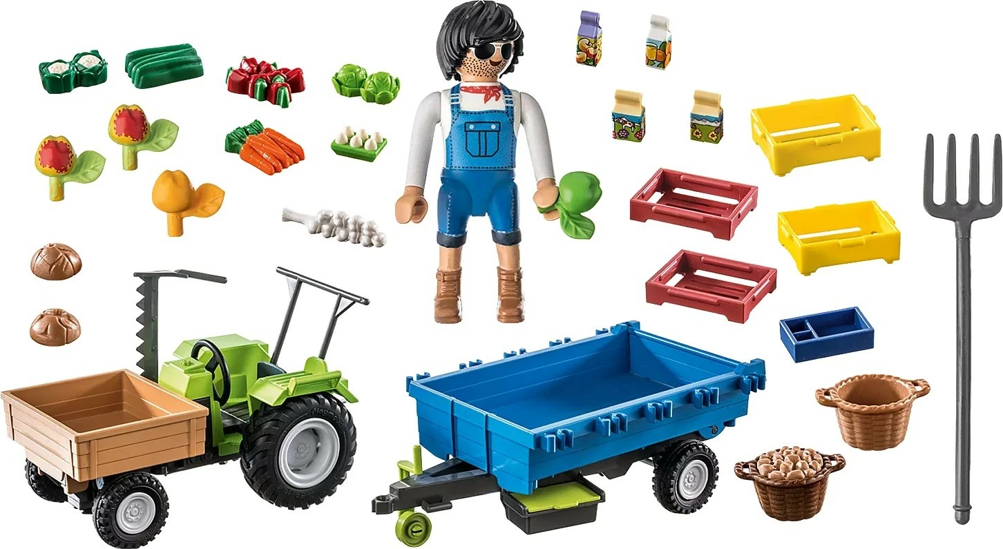 Kmečki igralni set Playmobil Country 71249, traktor z veliko prikolico in dodatki, 42 delov