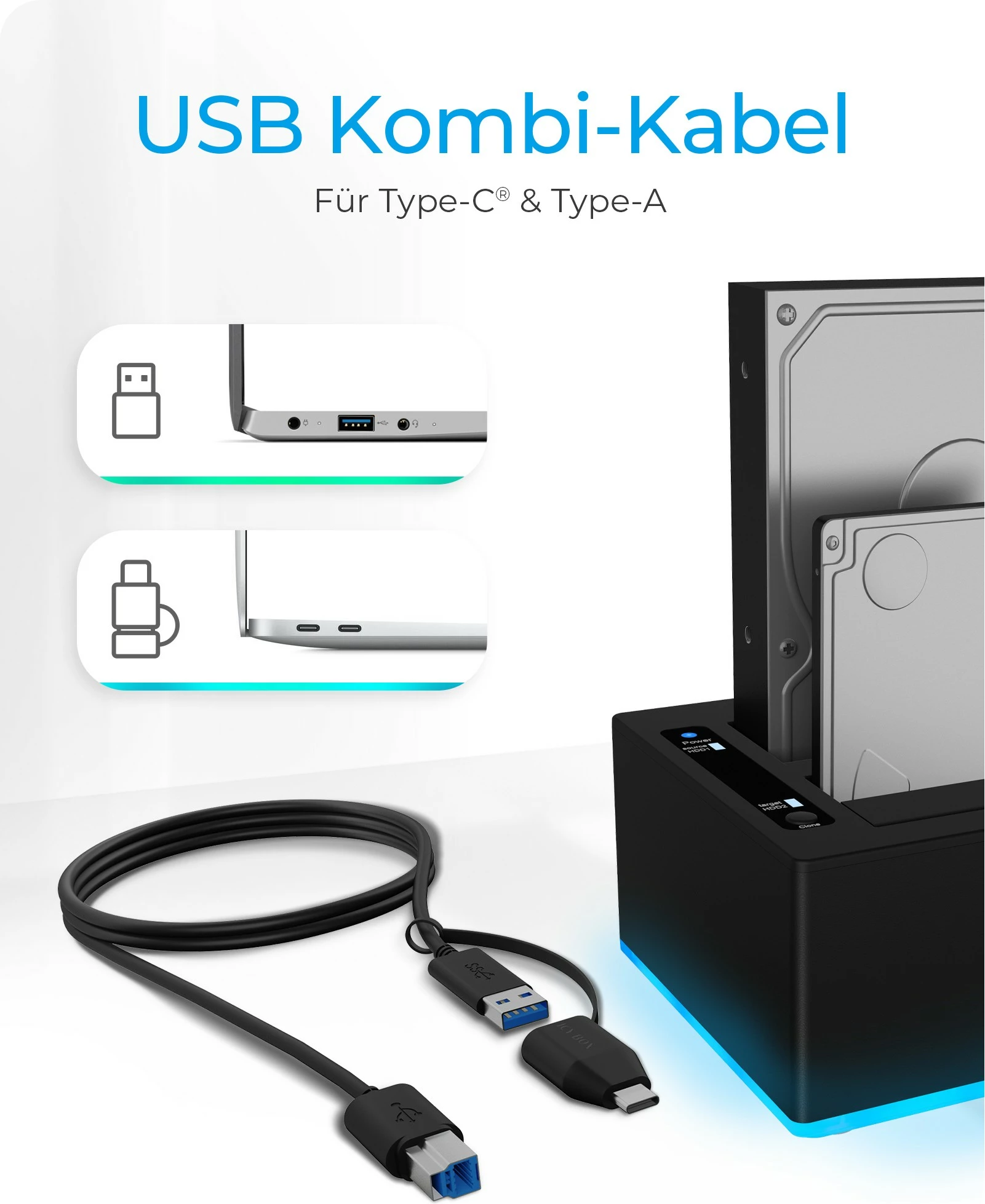 Stojalo za kloniranje ICY BOX IB-127CL-U3, 2.5"/3.5" HDD, Serial ATA, 18 TB, USB 3.2, črno