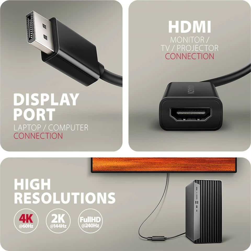 Aktivni adapter DisplayPort na HDMI, 4K/60Hz, 15 cm, črn, AXAGON RVD-HI20N