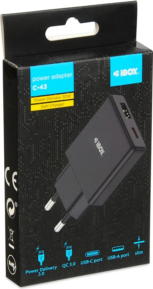 Slim GaN PD30W stenski polnilec iBOX C-43, črn