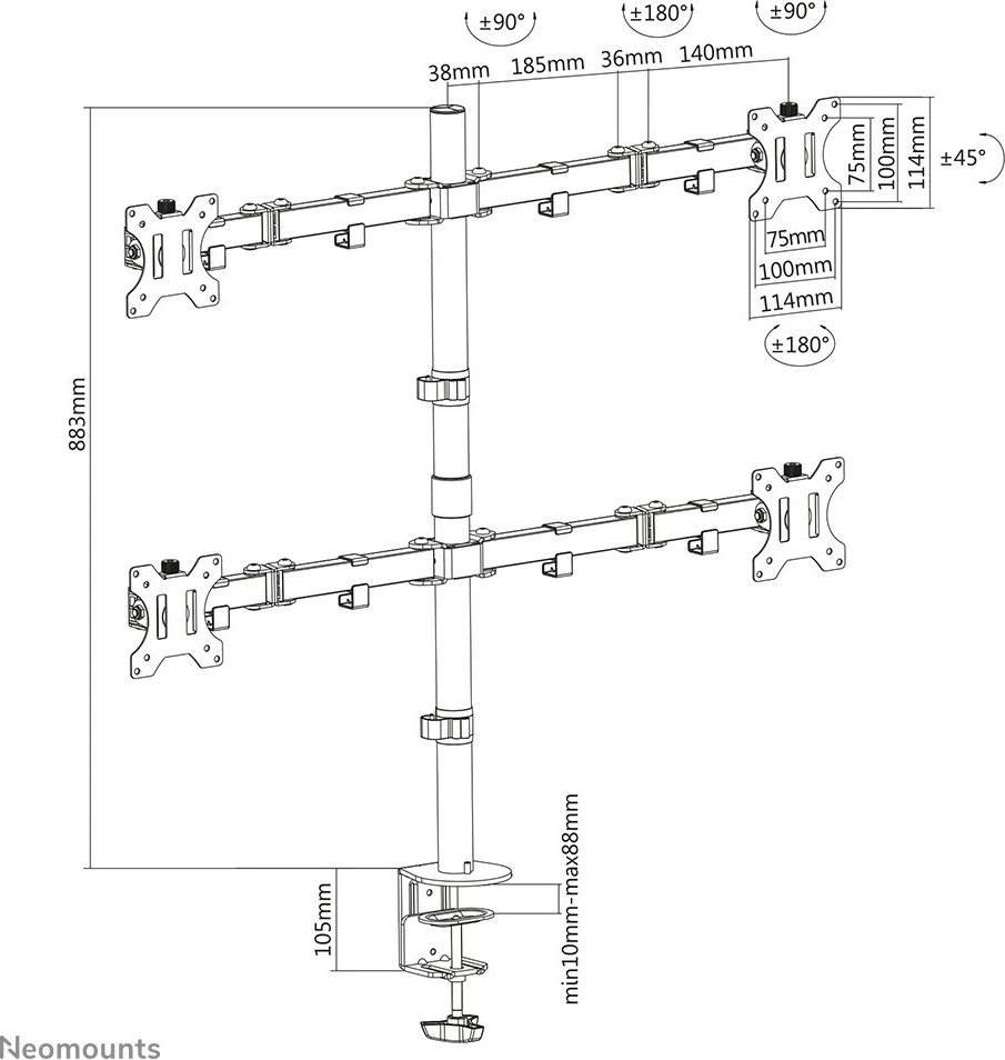 Krmilni nosilec za štiri monitorje Neomounts FPMA-D550D4BLACK, Clamp/Bolt-through, 6 kg, 33 cm (13"), 81,3 cm (32"), 100 x 100 mm, črn