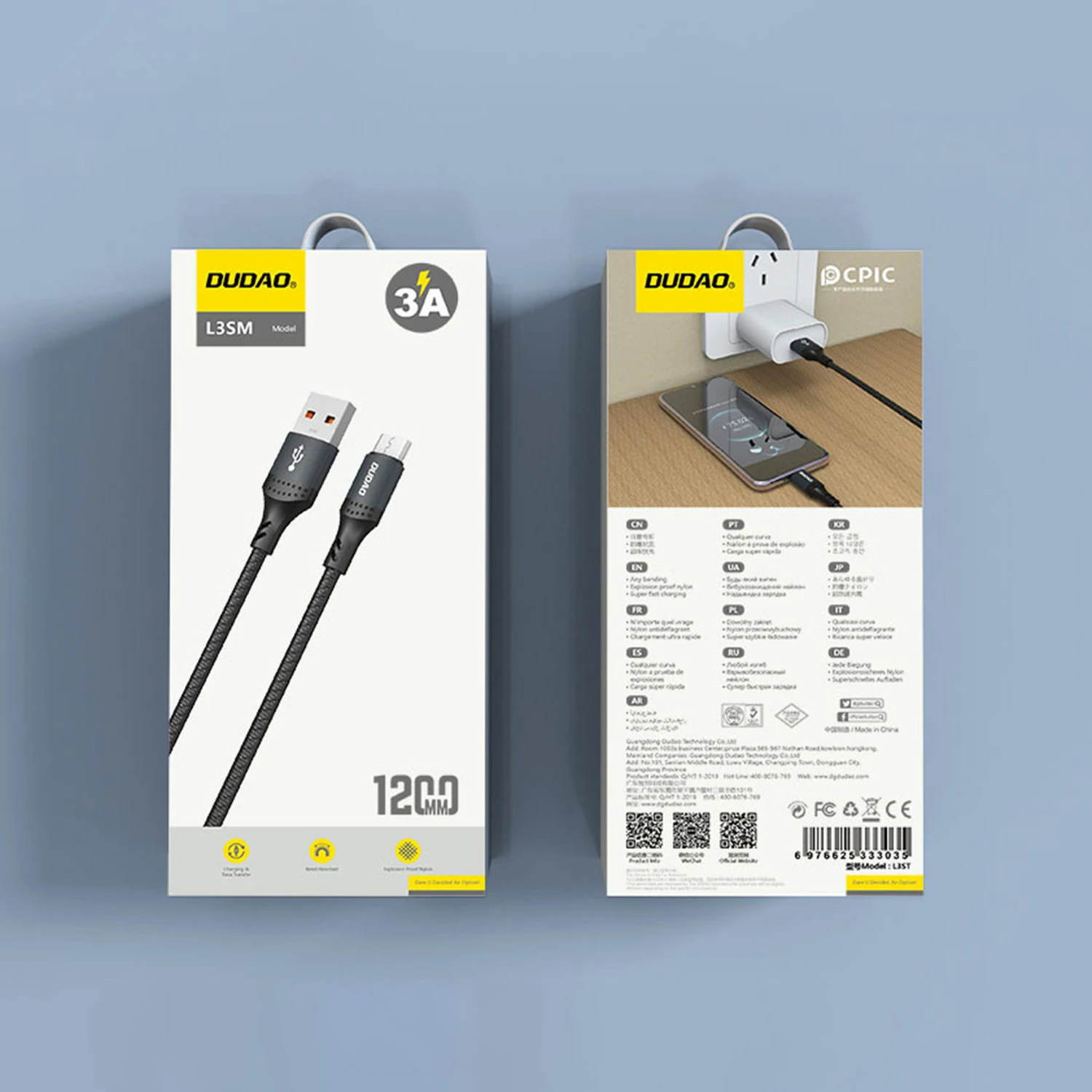 Kabel USB-A na MicroUSB Dudao L3SM, 1,2 m, 3A, črn