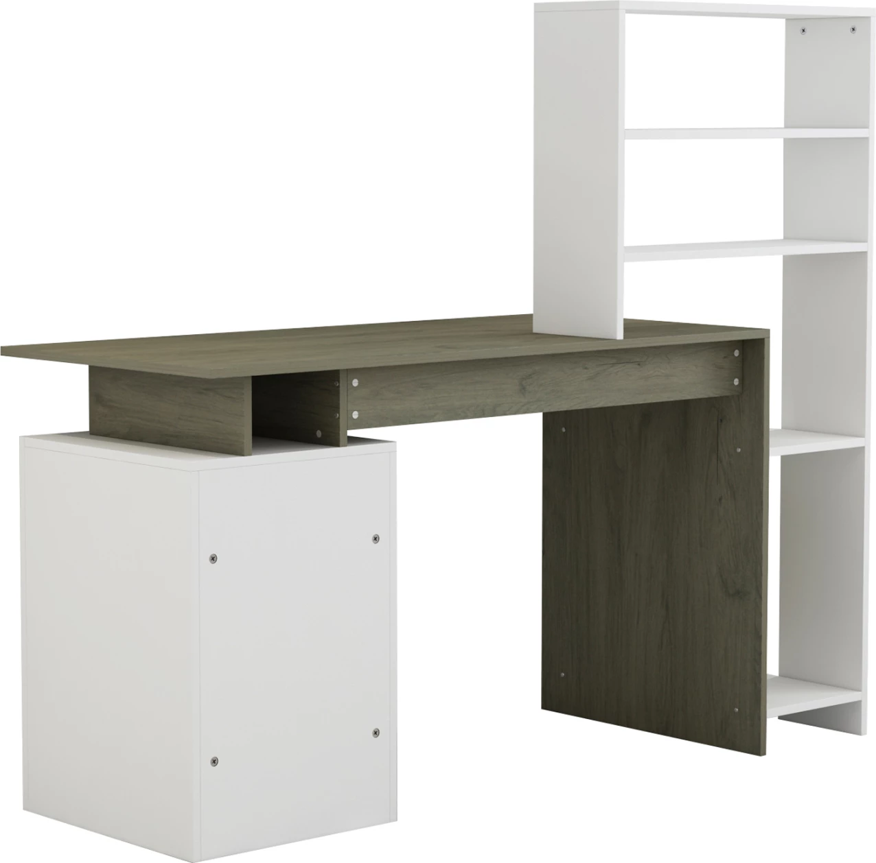 Pisalna miza z knjižno omaro ROCHELL melamin olivno siva bela barva 146,3x55x128,8H cm FH8886.11