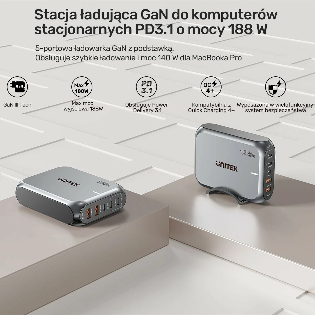 Visokozmogljiv polnilec Unitek GaN 188W, 2x USB-A, 3x USB-C, siv