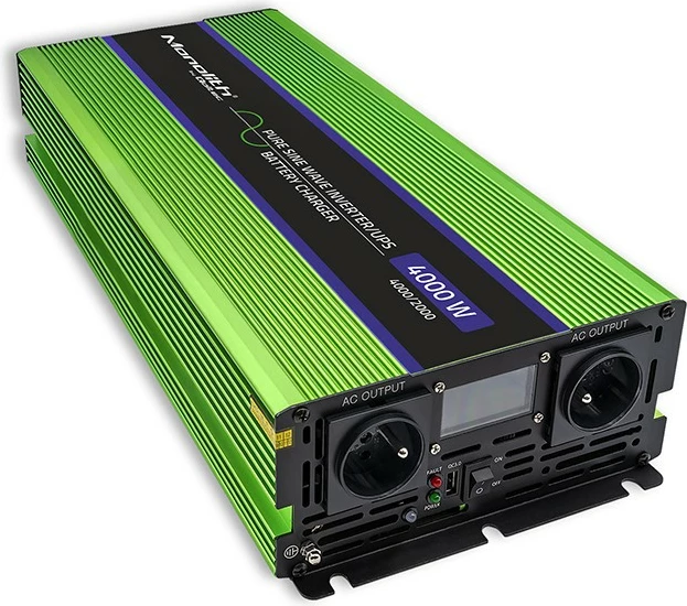 Konverter/pretvornik napetosti 12V v 230V, čist sinus, LCD, Qoltec Monolith 51943, 2000W/4000W, zelen