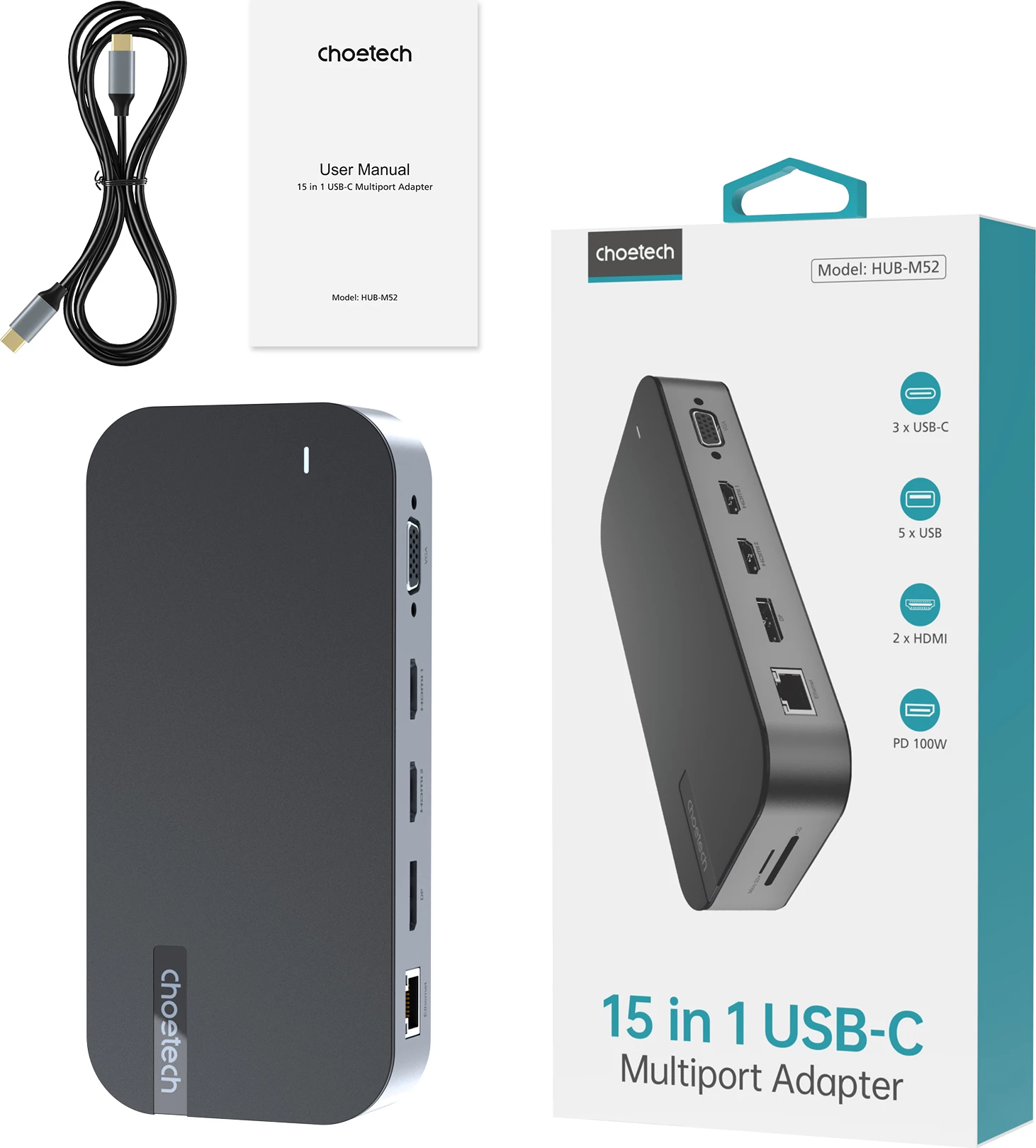 Večfunkcijski HUB Choetech HUB-M52, USB-C, HDMI, VGA, DP, SD, RJ45, siva