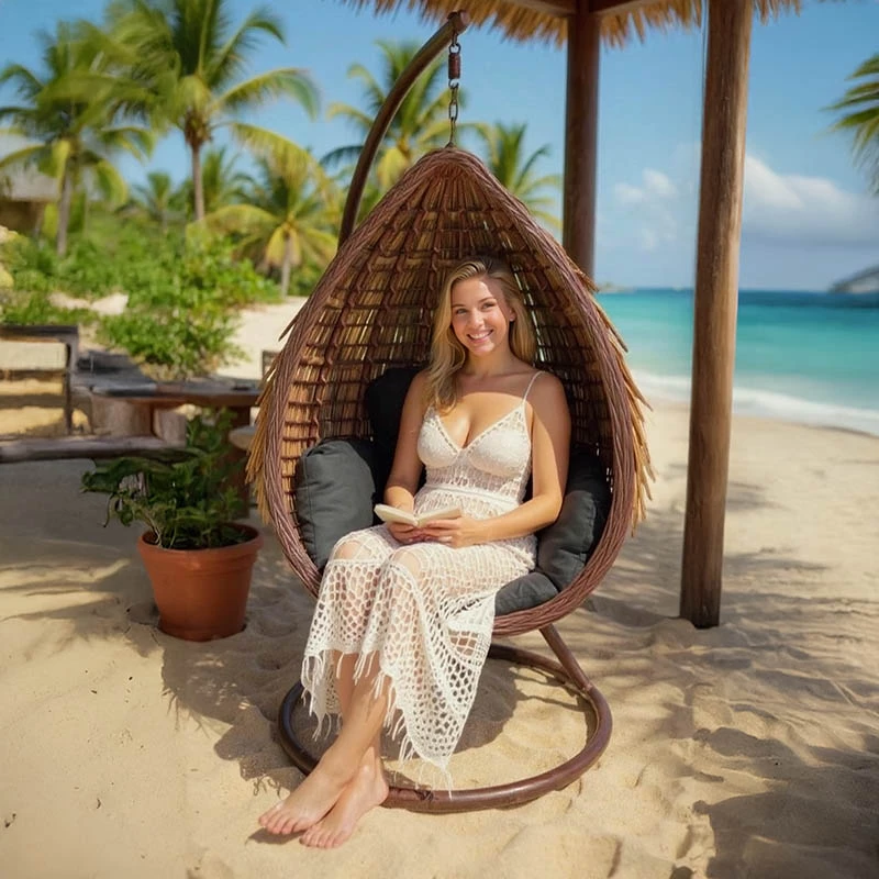 Viseče gnezdo Swing Nest z rjavim kovinskim podstavkom - PE rattan rjave barve, črno 120x105x195 cm