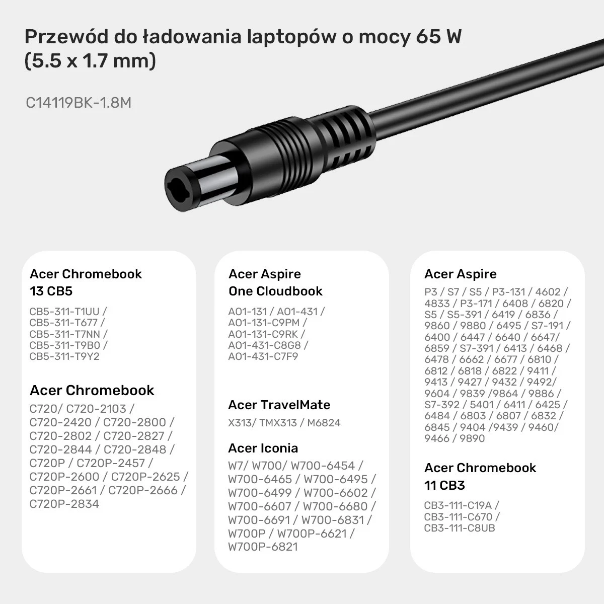 Napajalni kabel za prenosnik, Unitek 65W USB-C na DC5,5, črn (za Acer)