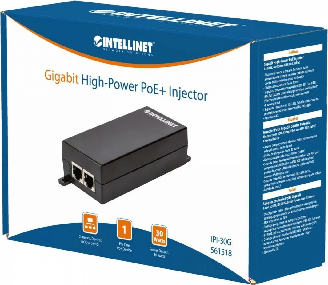 PoE+ napajalnik Intellinet 561518, 30 W, 2x Gigabit RJ45, črn