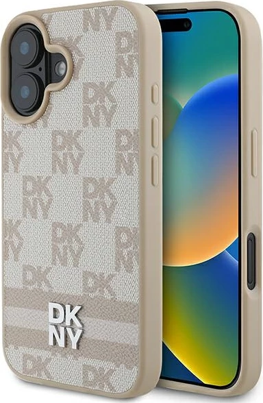 Ovitek za iPhone 16, karo vzorec in potiskane črte, rožnat, DKNY