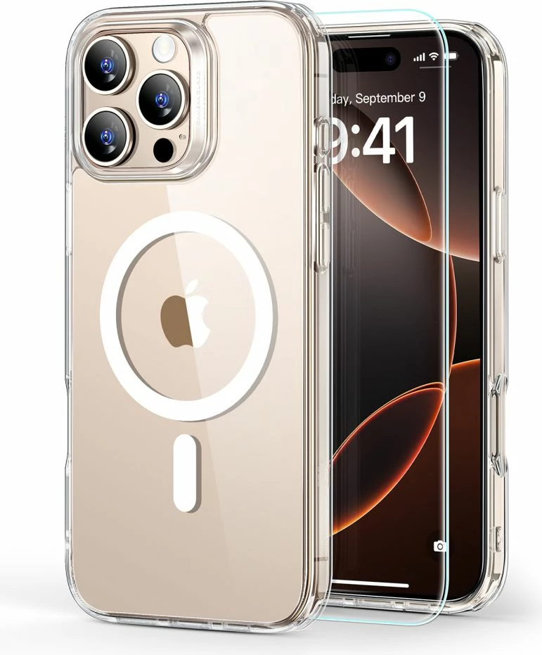 Ovitek za telefon Classic Hybrid HaloLock z MagSafe in kaljeno steklo, ESR, za iPhone 16 Pro Max, prozoren