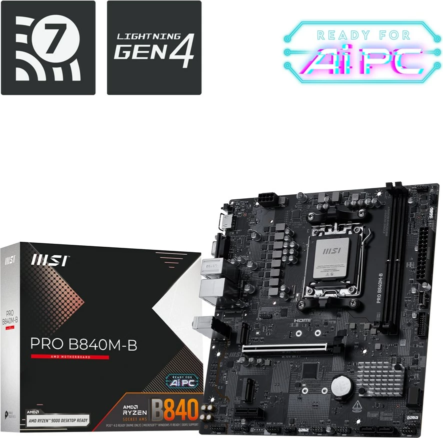 Matična plošča MSI PRO B840M-B, podnožje AM5, micro ATX, črna
