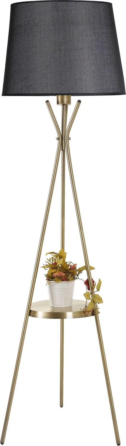 Talna svetilka z metalnim ogrodjem, črn tekstilni abažur, z majhno polico Opviq