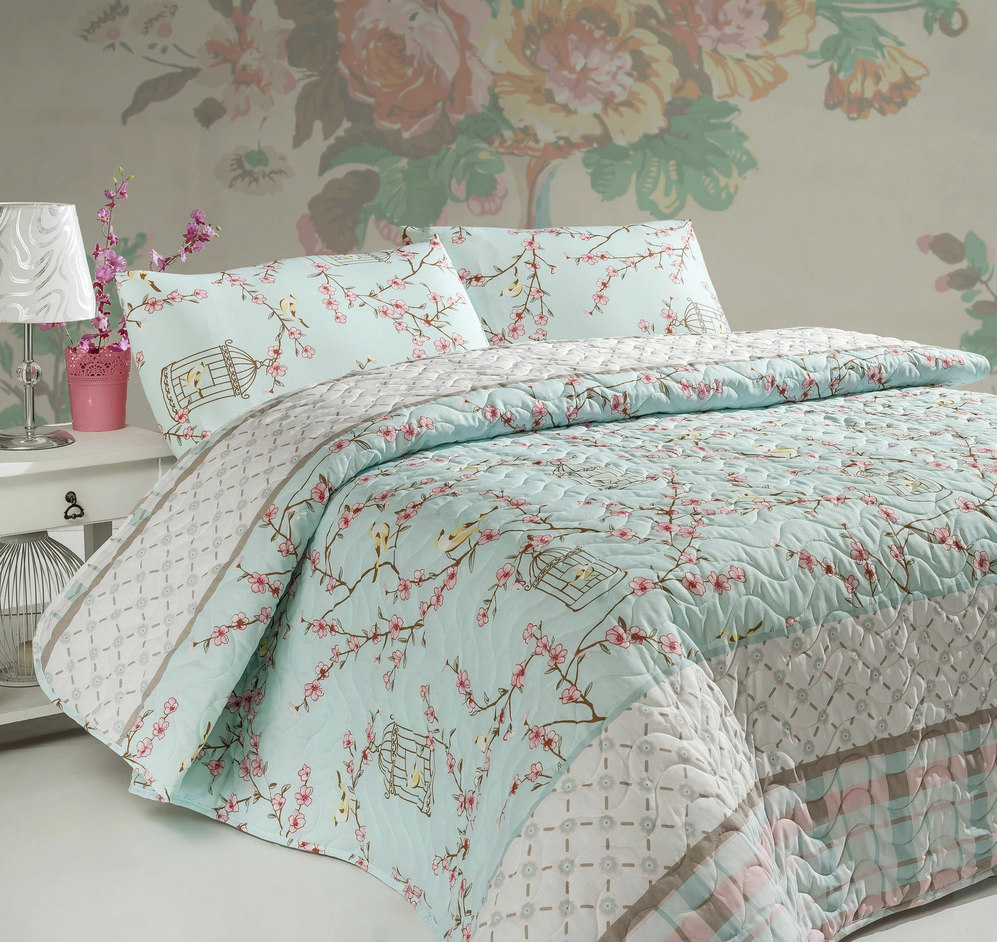 Set prešite odeje za posteljo king velikosti, Birdcage, turkizna, L'Essentiel Linge de Maison
