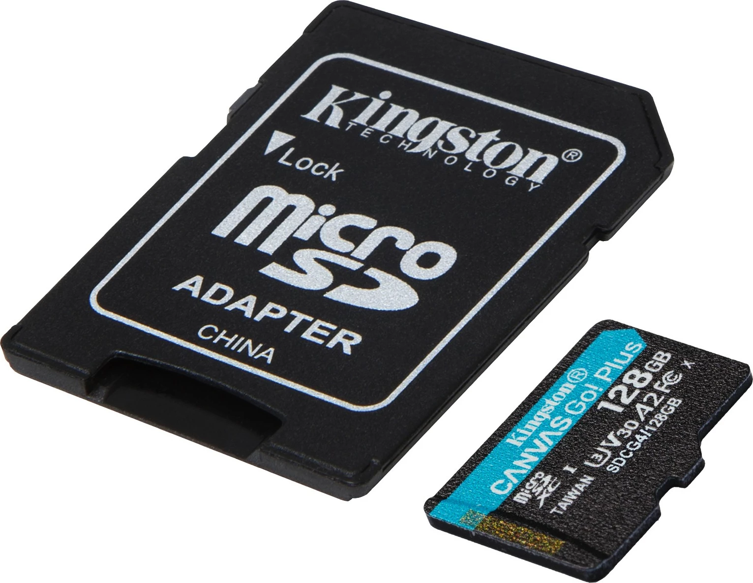 MicroSD kartica Kingston Canvas Go Plus 128GB, A2, U3, V30, z adapterjem, črno/turkizna