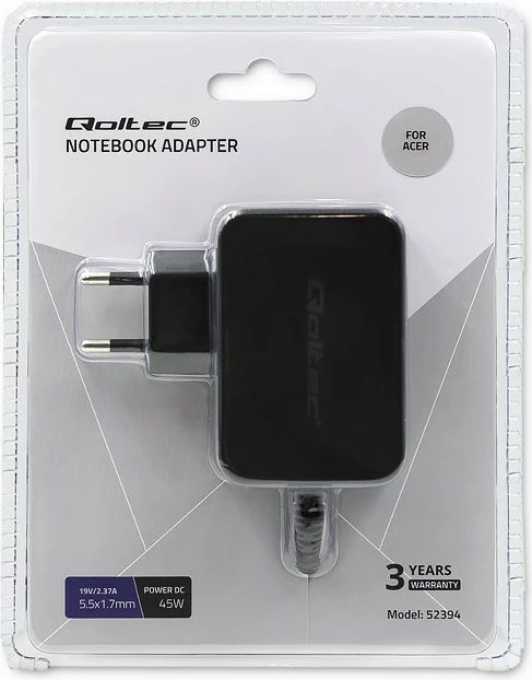 Adapter za napajanje Qoltec 52394 za Acer, 45 W, 19 V, 2,37 A, 5,5 x 1,7 mm, črn