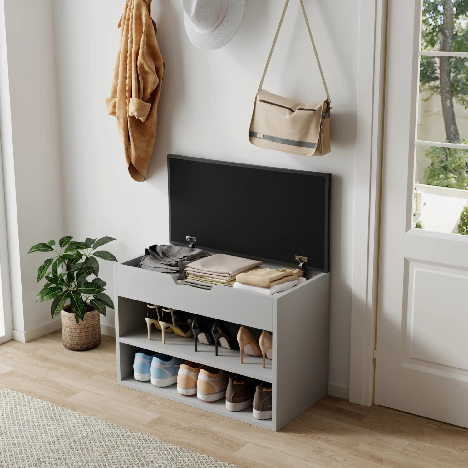 Polica za čevlje z sediščem ROMIR FH2477.05, melamin siva-antracit, sedišče PU, 60x30x44 cm