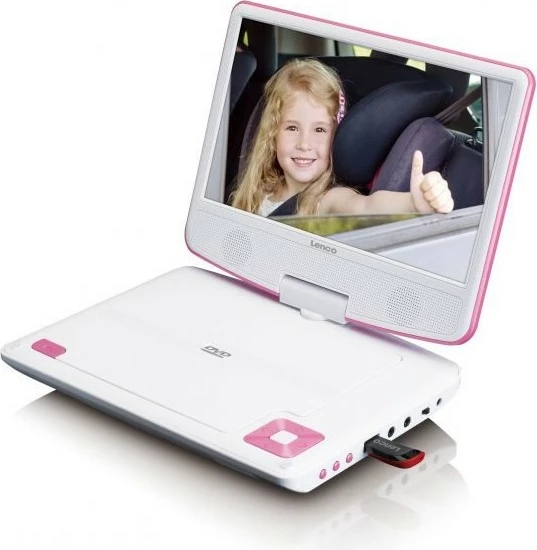 Prenosni DVD predvajalnik Lenco DVP-910, 9-palčni, USB, z držalom za avto, roza/bel