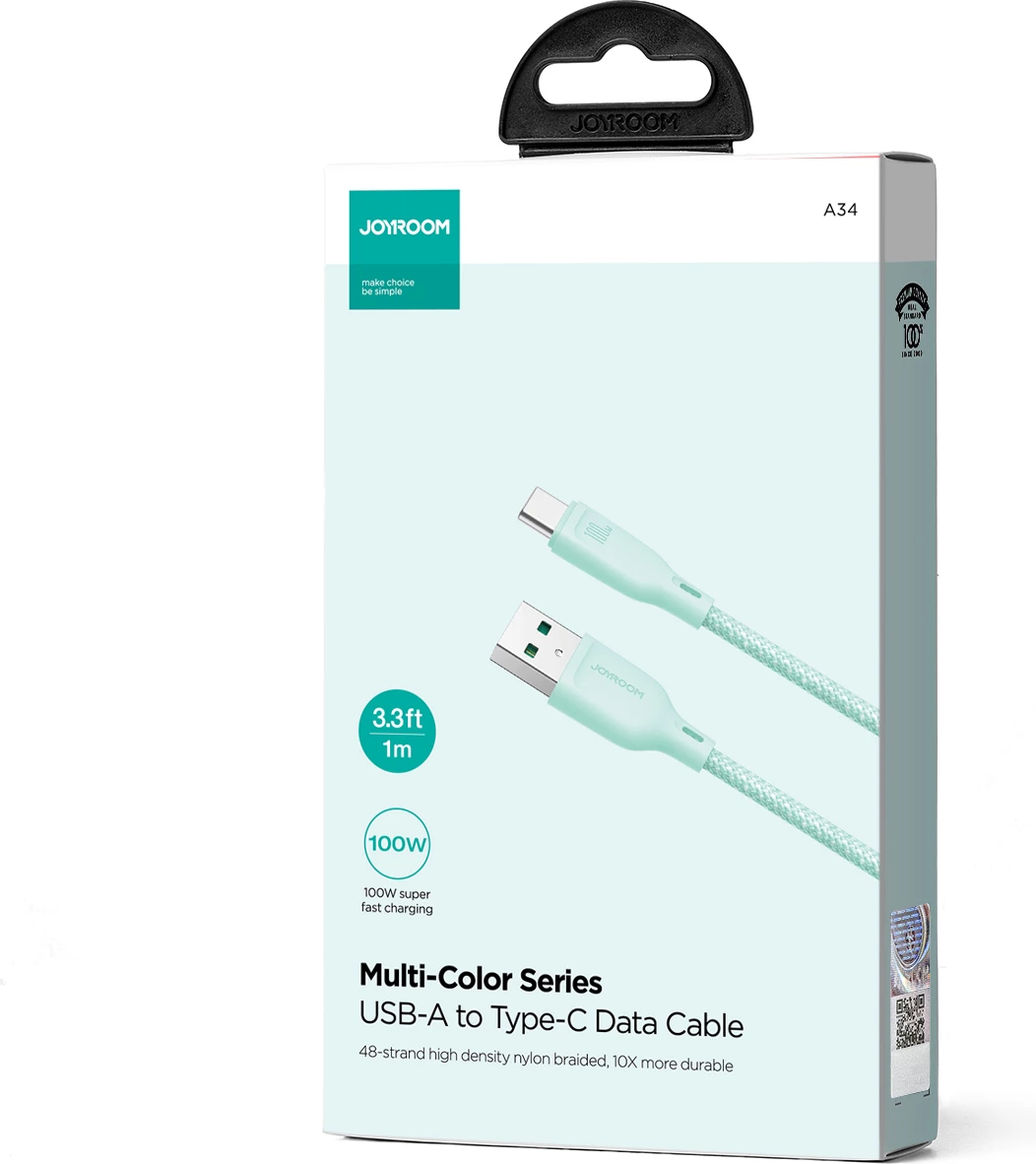 Kabel USB-A na USB-C, 1 m, 100 W, zelen, Joyroom Multi-Color Series S-A34
