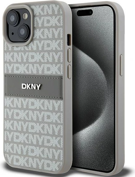 Ovitek za telefon Mono Stripe z metalnim logotipom DKNY za iPhone 15 Plus / 14 Plus, bež