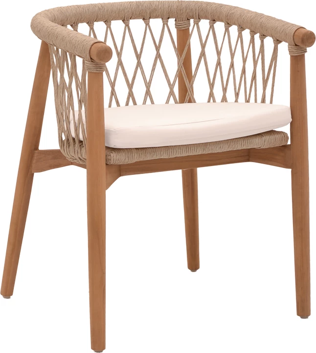Naslanjač Abby, ogrodje iz tikovega lesa, naravna barva in krem blazina, 60x58x78 cm