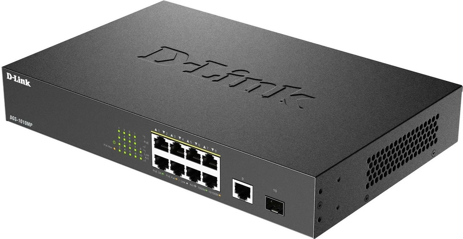 Stikalo z 9 Gigabit vrati, 8 PoE in 1 SFP, D-Link DGS-1010MP/E