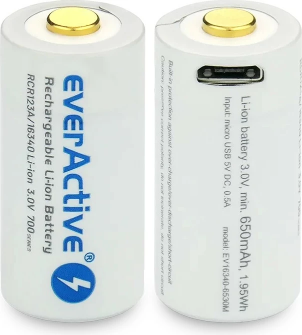 Polnilna baterija 16340 everActive, 700 mAh, 3 V, z Micro USB, 1 kos