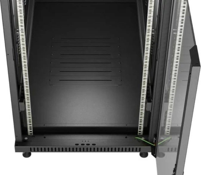 Talni rack kabinet 19", 22U, 600x1200 mm, steklena vrata, Lanberg FF01-6222-12B, nosilnost 800 kg, IP20, Flat Pack, črn