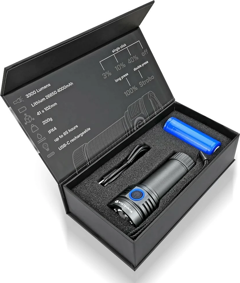 Močna ročna svetilka everActive FL-3300R, LED, 3300 lumenov, IPX4, črna