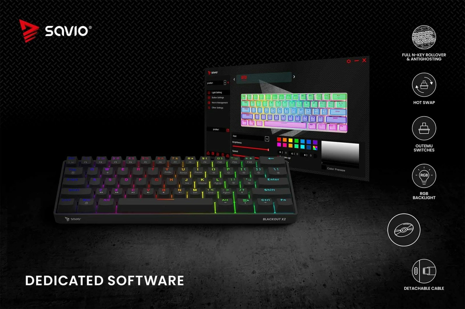 Mehanska tipkovnica, Savio Blackout X2 OUTEMU Brown, 60 %, ARGB, Hot Swap, črna