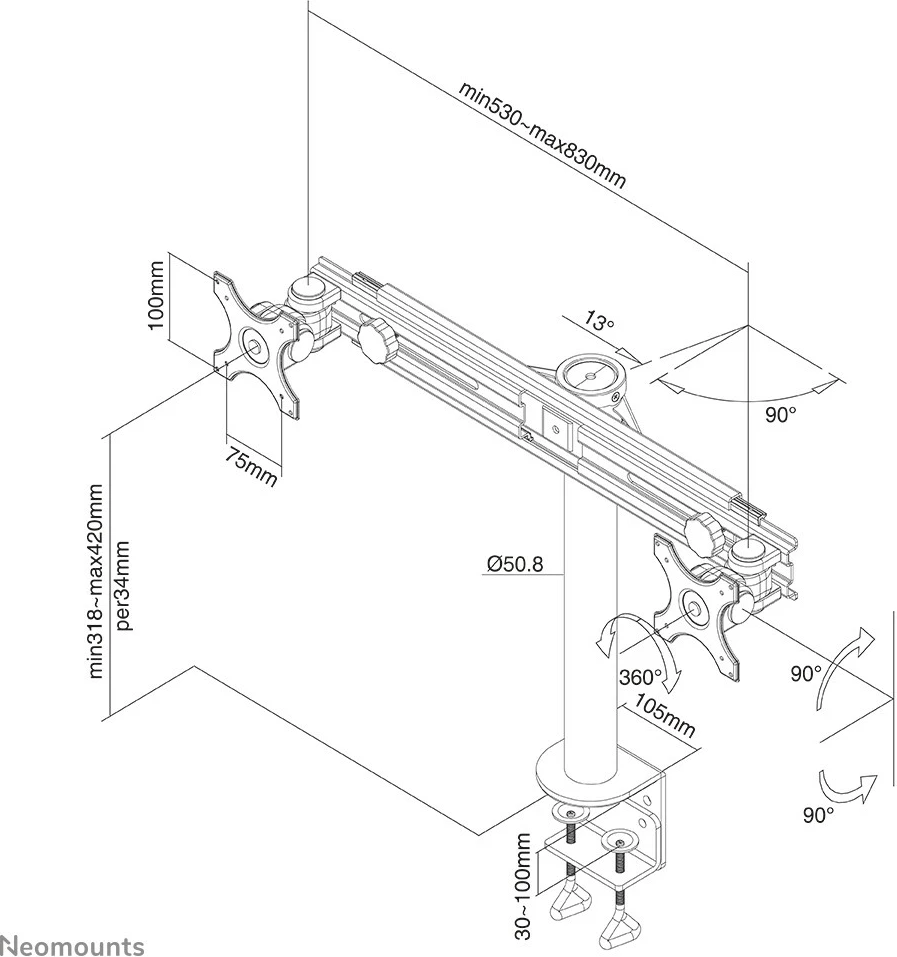 Kavelj za monitor, Neomounts Newstar FPMA-D700D, 19"–30", črn