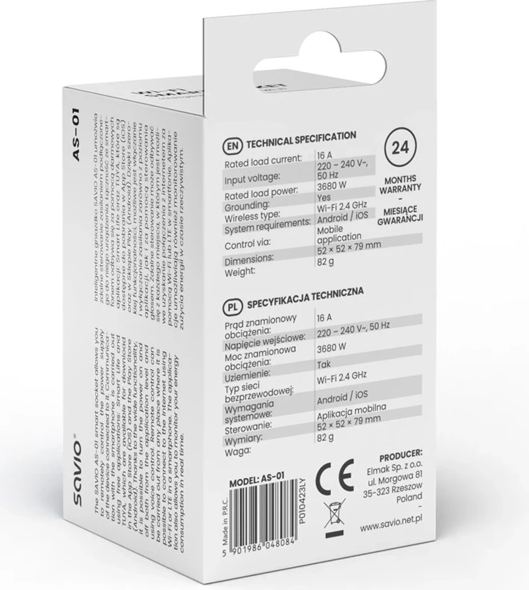 Pametna vtičnica SAVIO AS-01, Wi‑Fi, 16A, bela
