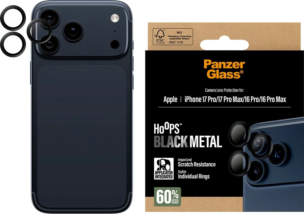 Ovitek za kamero PanzerGlass Hoops za iPhone 17 Pro/Pro Max in 16 Pro/Pro Max, črn