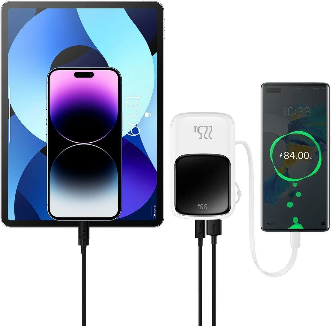 Powerbank z digitalnim zaslonom 10.000 mAh, 22,5 W, z vgrajenim USB-C kablom, Baseus Qpow, bel