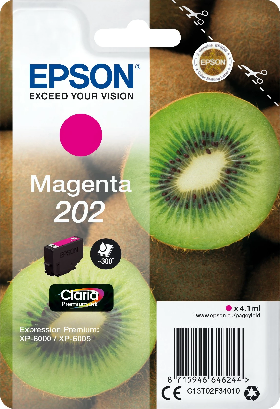 Črnilo magenta, standardna zmogljivost, 4,1 ml — Epson Claria Premium 202 (Singlepack Kiwi)