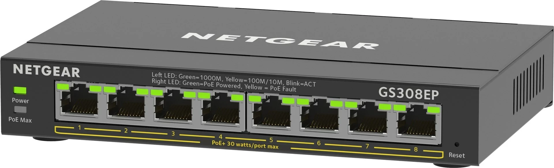 Upravljen L2/L3 switch NETGEAR GS308EP, 8-portni Gigabit Ethernet PoE+, črn