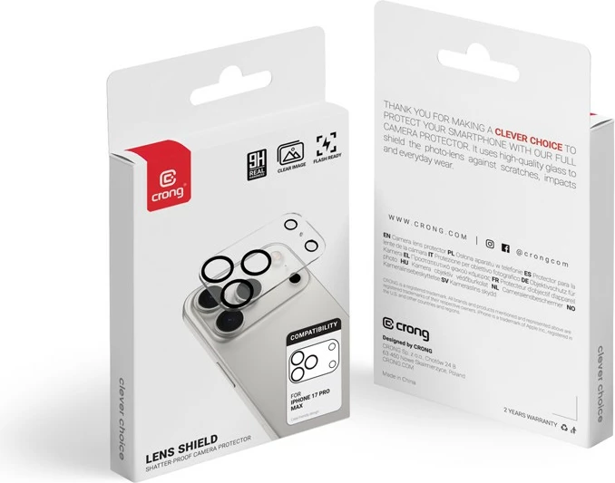 Zaščitno kaljeno steklo za kamero 9H, popoln otok, prozorno — CRONG Lens Shield CRGLSIP1769P za iPhone 17 Pro Max, 1 kos